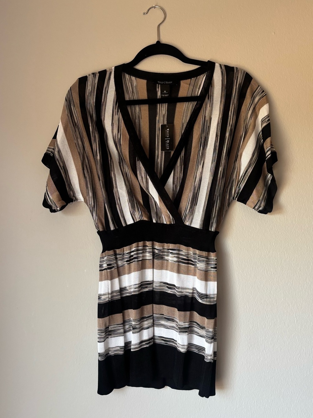 White House Black Market Black, White & Brown Striped V-Neck Top